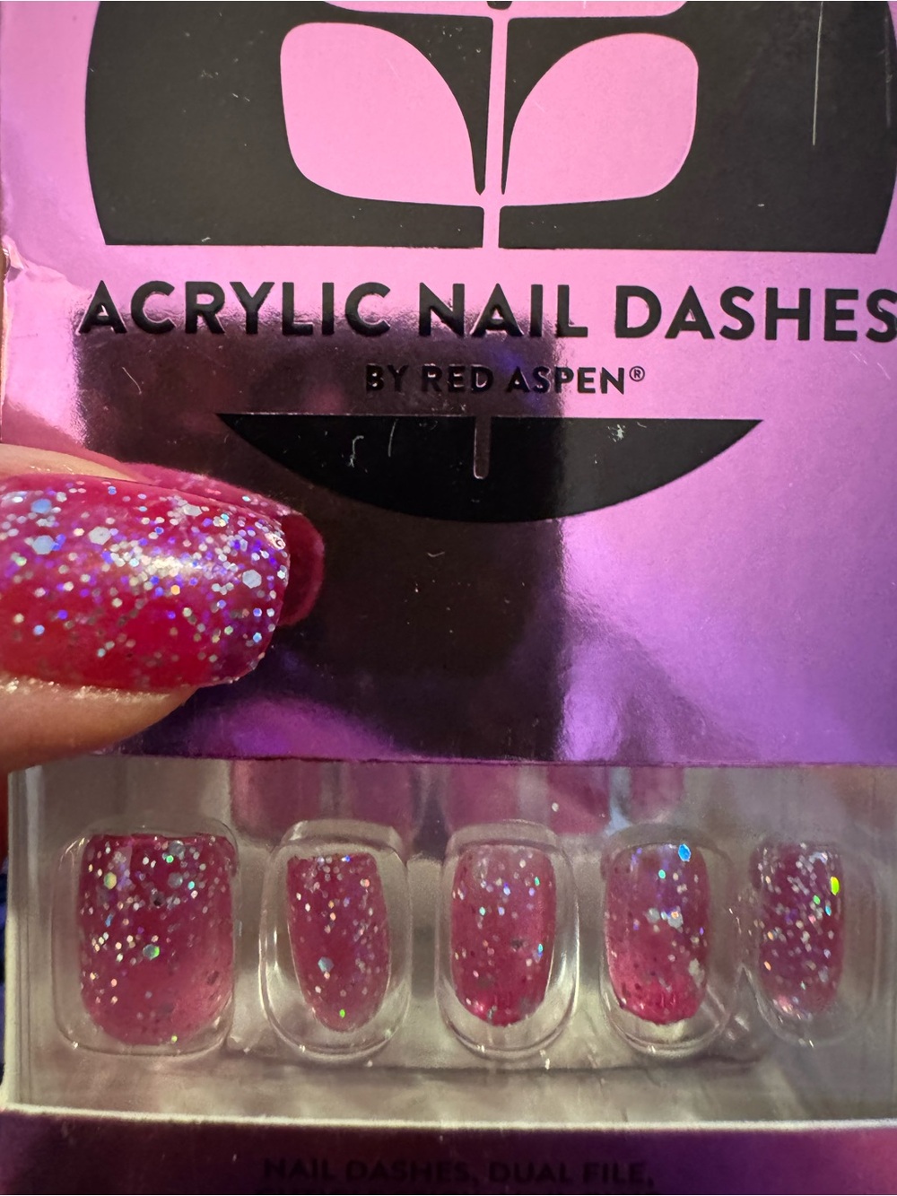 Red Aspen Acrylic press on nails Ecstatic Ellery pink w/ silver glitter nails